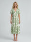 Green Palm Print Puff Sleeve Midi Dress
