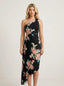 Black Floral One Shoulder Pleated Maxi Dress