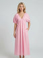 Pink Cotton Puff Sleeve V-Neck Maxi Dress