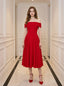 Red Off-the-Shoulder Pleated Midi Cocktail Dress