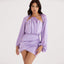 Ruched Bishop Sleeve Halter Backless Mini Dress - Purple