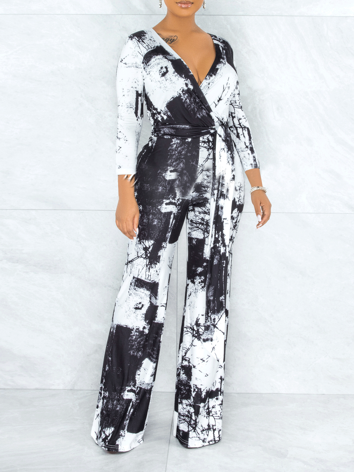 Tie-Dye V-Neck Long Sleeve Belt Wide Leg Jumpsuit Main image