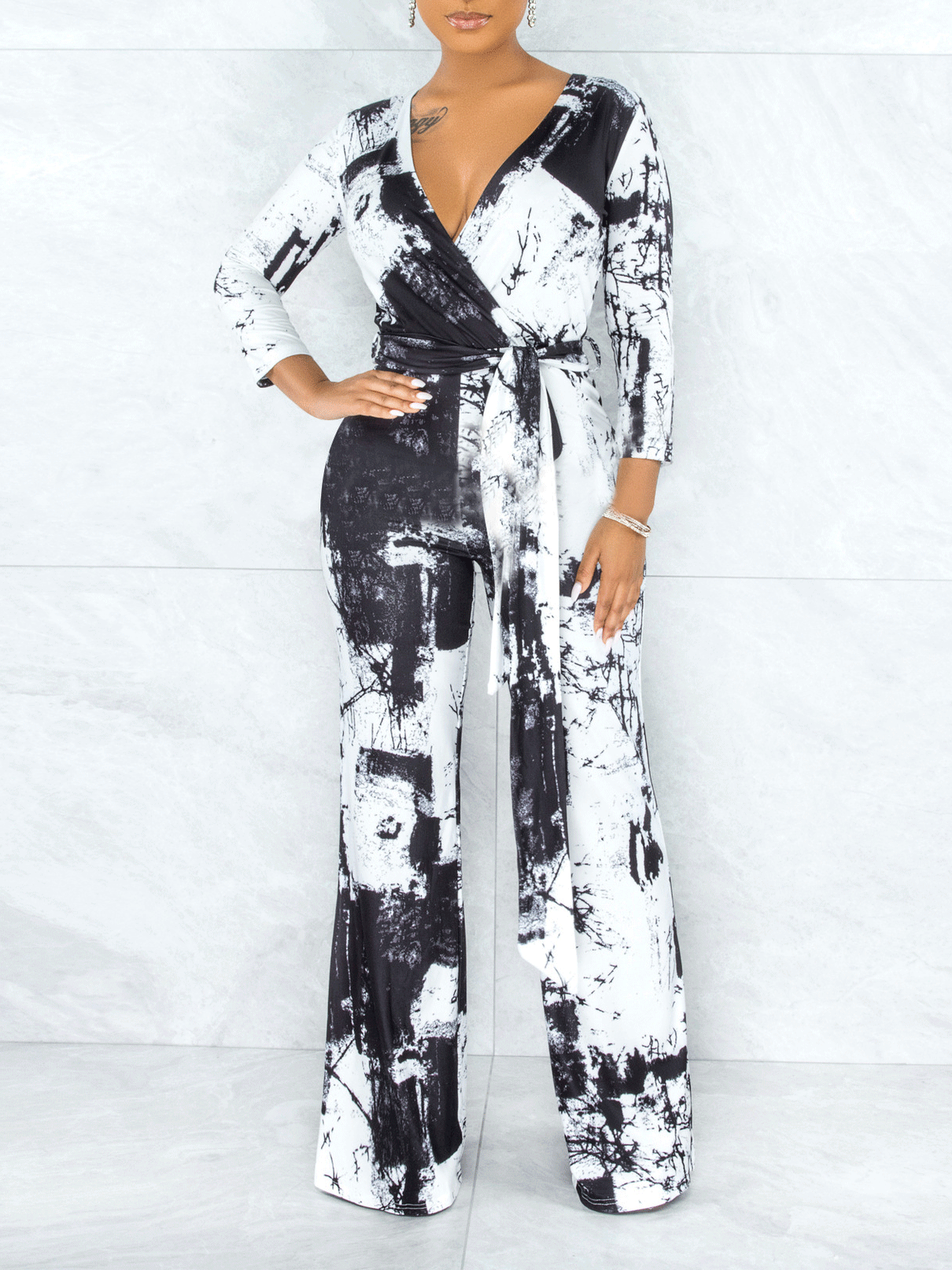 Tie-Dye V-Neck Long Sleeve Belt Wide Leg Jumpsuit Secondary image