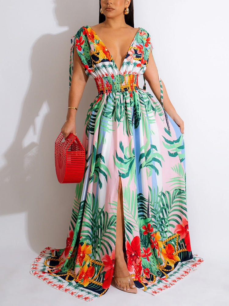 Sleeveless Elastic Waist Floral Dress