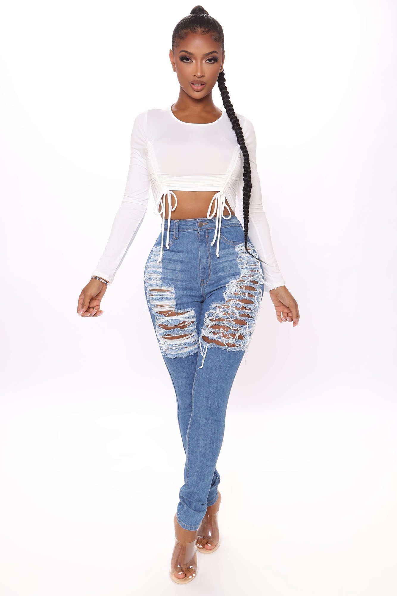 Yes Now Distressed Skinny Jeans - Medium Blue Wash Main image