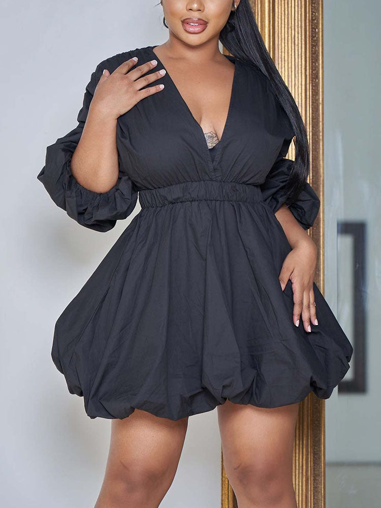 Solid Puff Sleeves Mini Dresses Main image