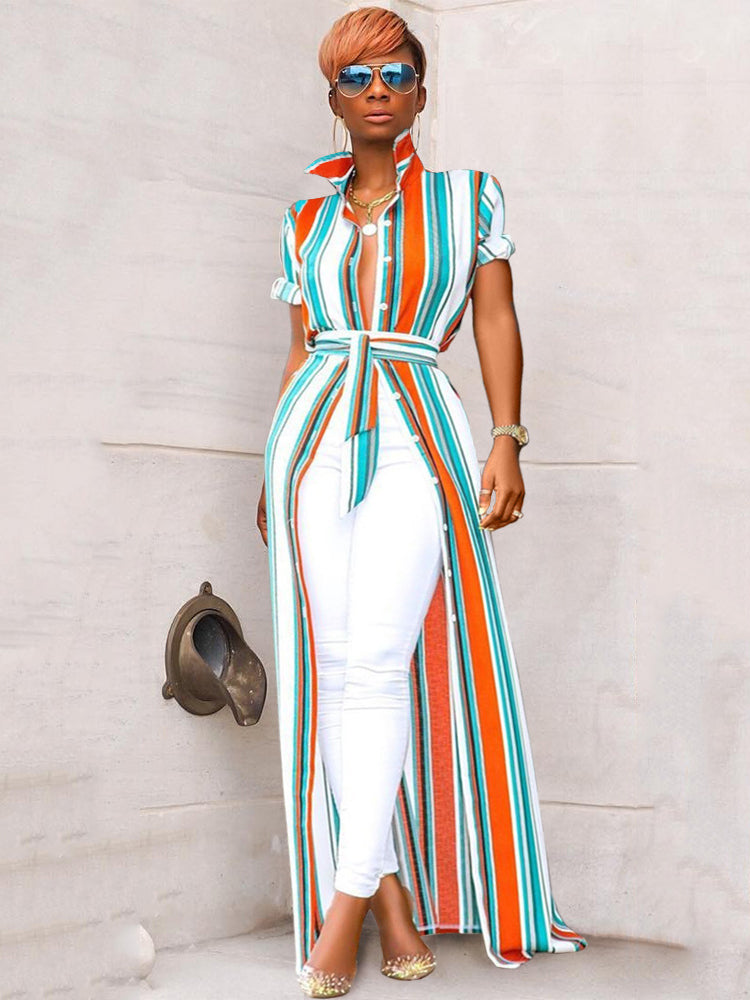 Stripe V Neck Belted Shirt Dress Main image