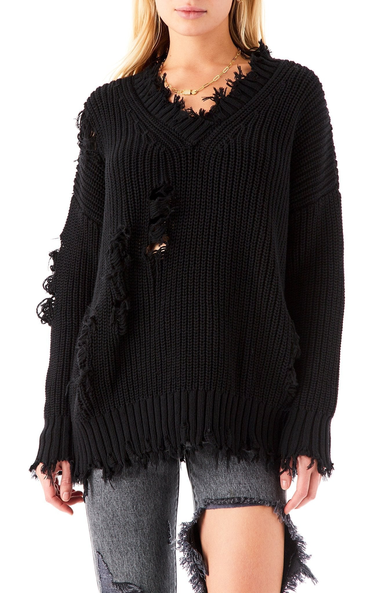 V-NECK RIPPED CHUNKY SWEATER Main image