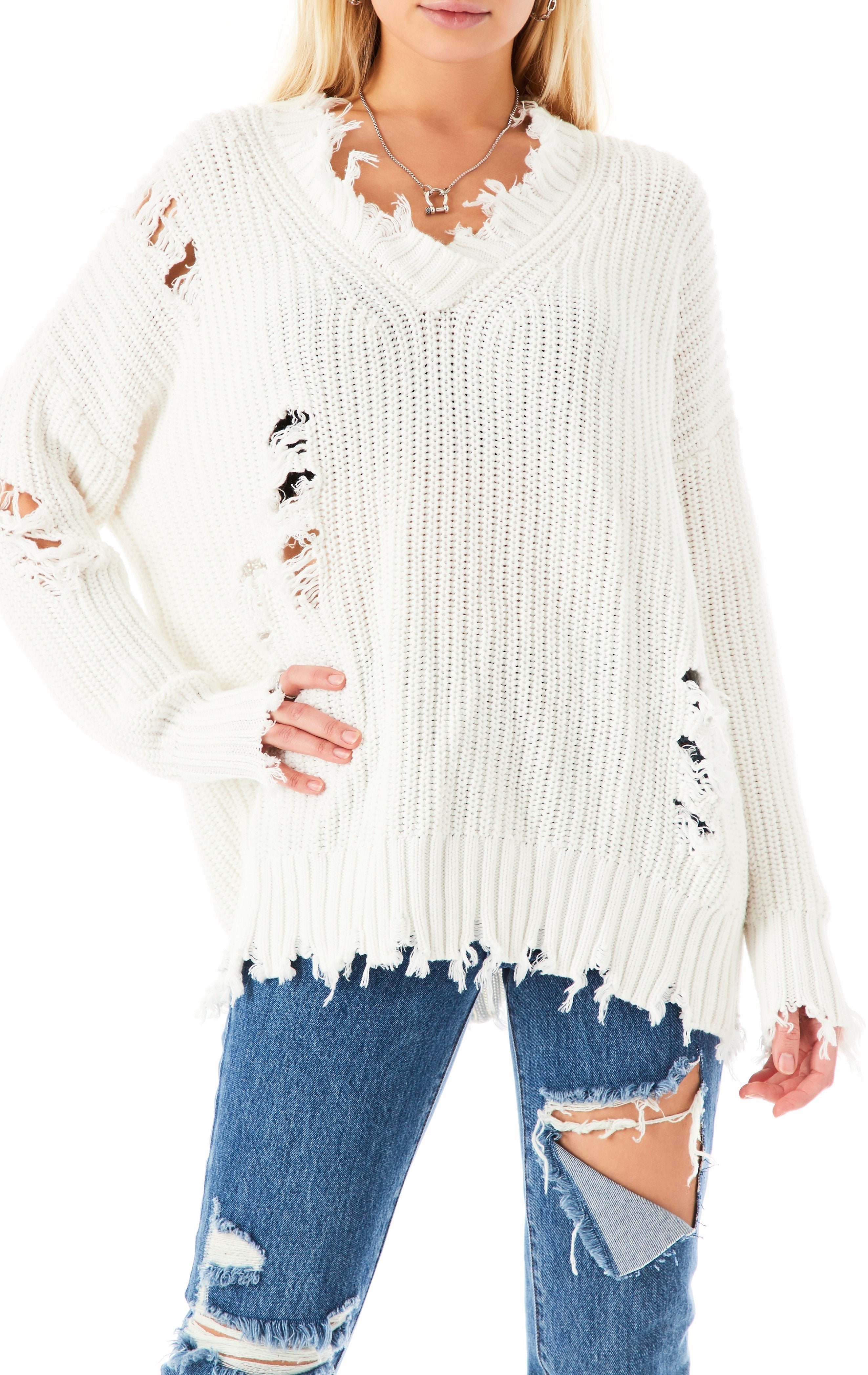 V-NECK RIPPED CHUNKY SWEATER Main image