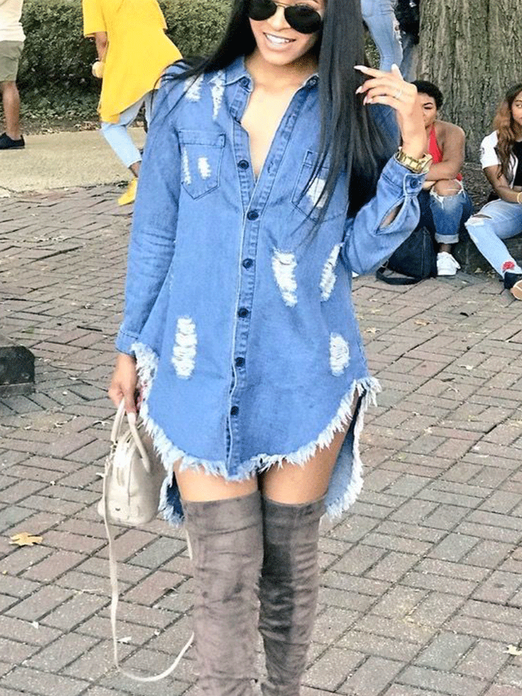 Ripped Denim Tassel Mini Dress Main image