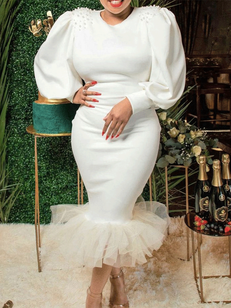 Beaded Mesh Patchwork Midi Dress Main image