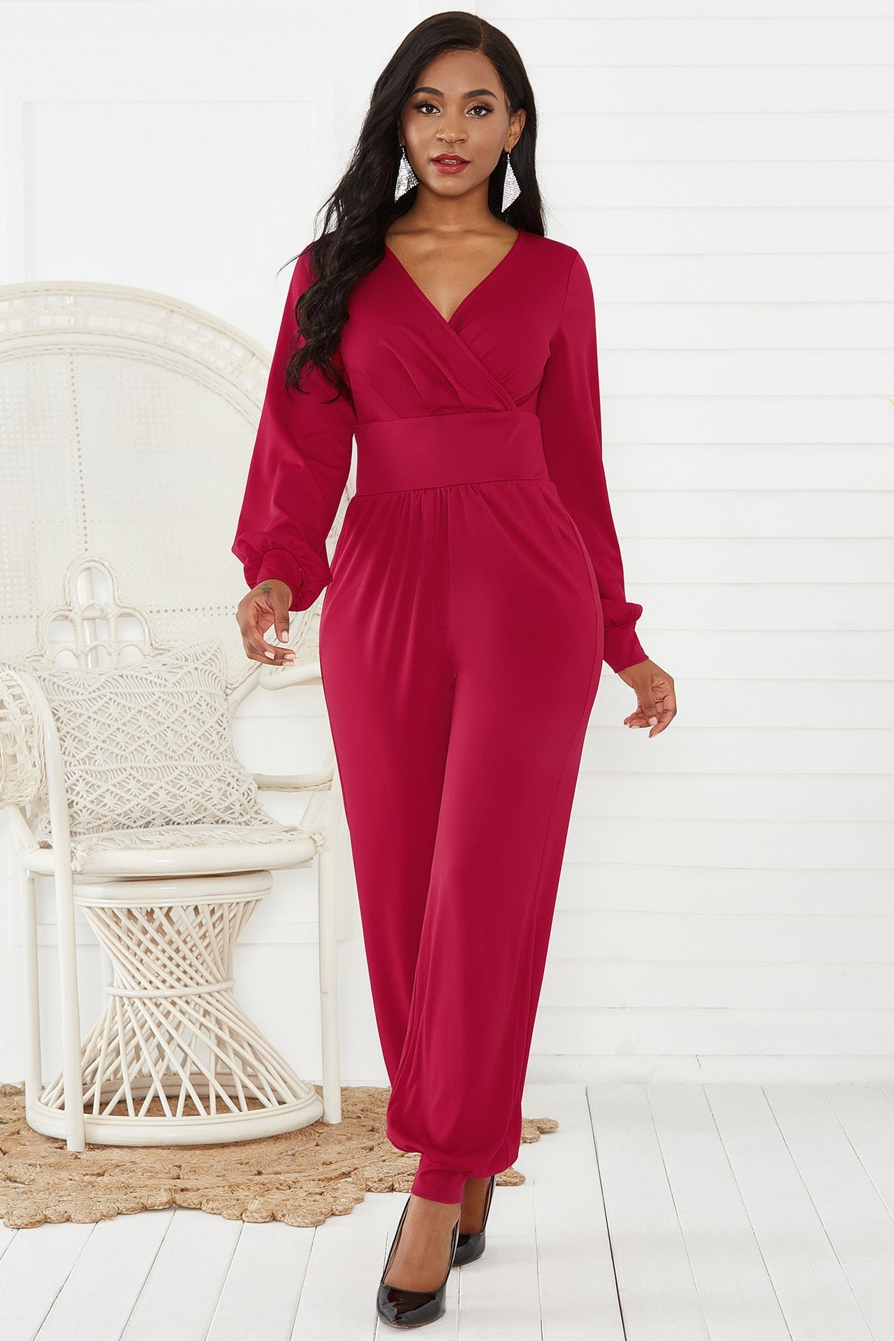 V-Neck Puff Sleeve Solid Jumpsuit Main image