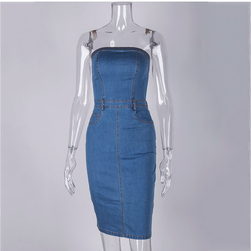Strapless Denim Dress Women Elegant Dress Sexy Party Jeans Dress Bodycon Dresses Casual Club Wear Vestido Jeans