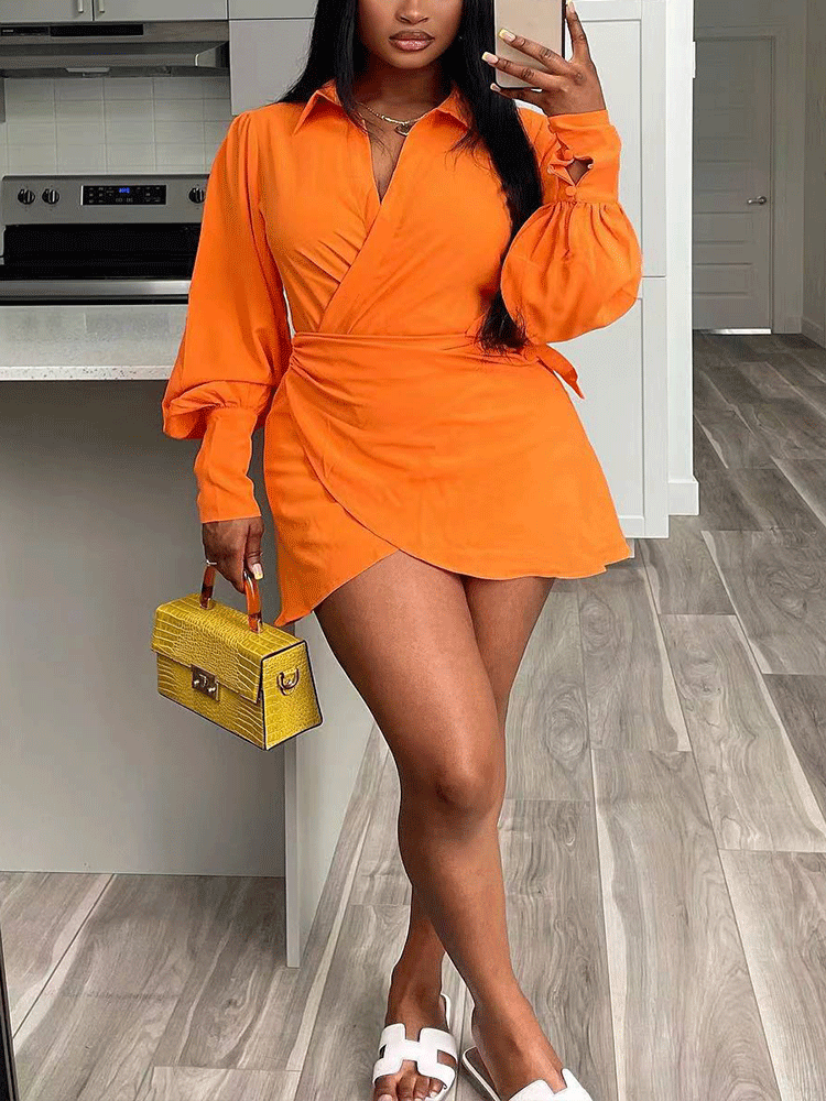 Lantern Sleeve Wrapped Shirt Mini Dress Secondary image