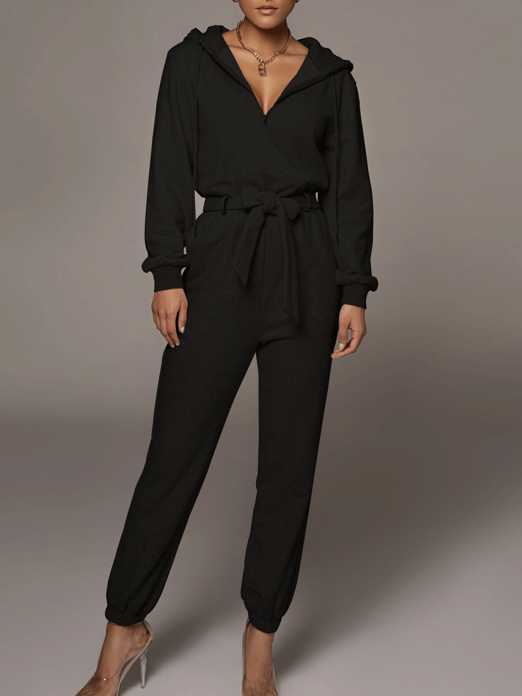 Zippered Hooded Belt Long Sleeve Cargo Jumpsuit Main image