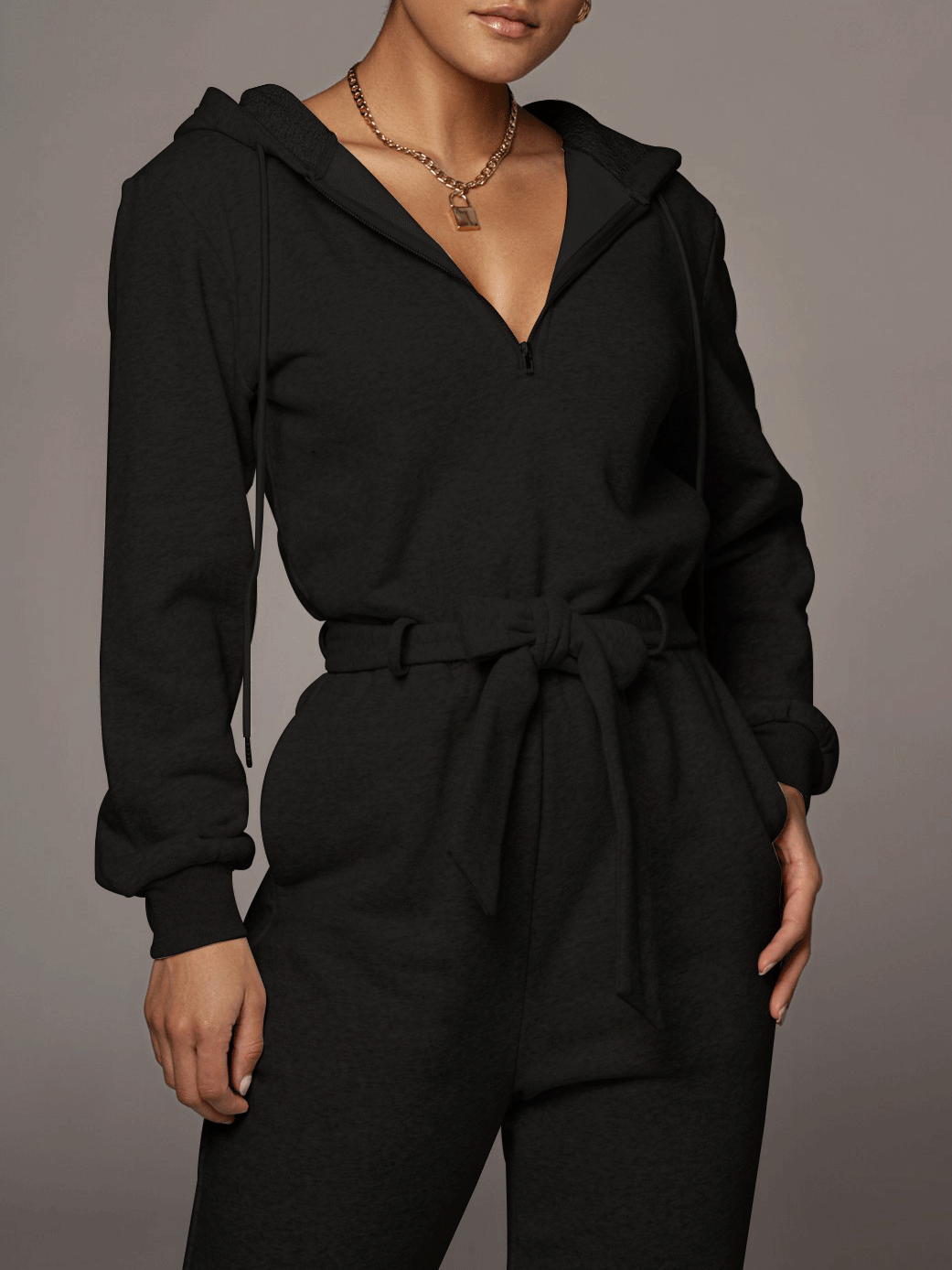 Zippered Hooded Belt Long Sleeve Cargo Jumpsuit Secondary image