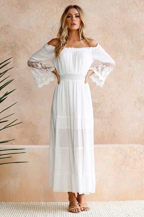 Three-Quarter Sleeve Floor-Length Pleated Off Shoulder Expansion Women's Dress Main image