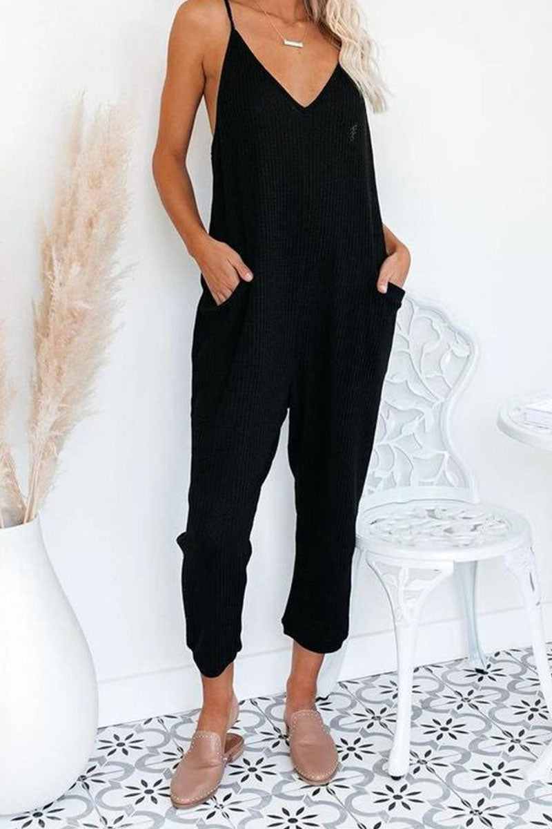 Solid Pocket V Neck Loose Jumpsuits Main image