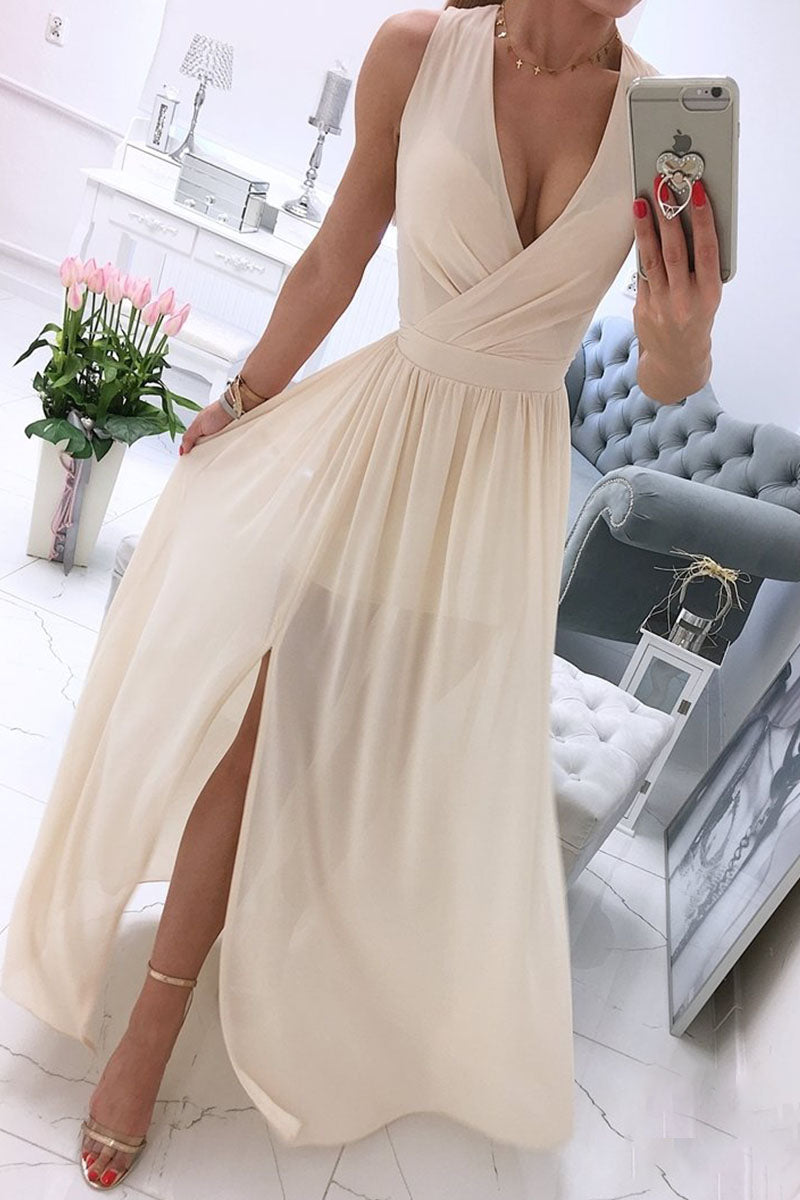 Solid Split Joint V Neck A Line Dresses Secondary image