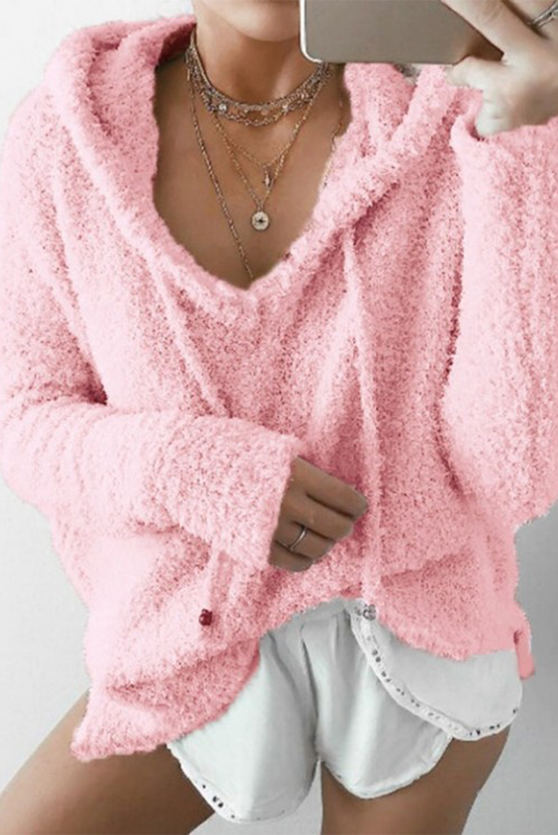 Solid Split Joint Draw String Hooded Collar Tops Secondary image