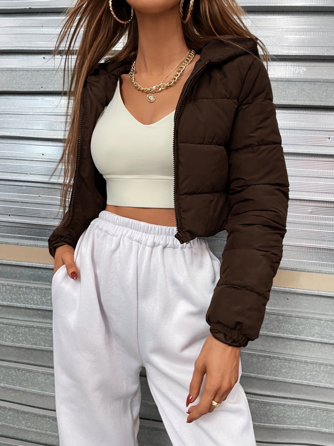 Zip Up Hooded Crop Puffer Coat Secondary image