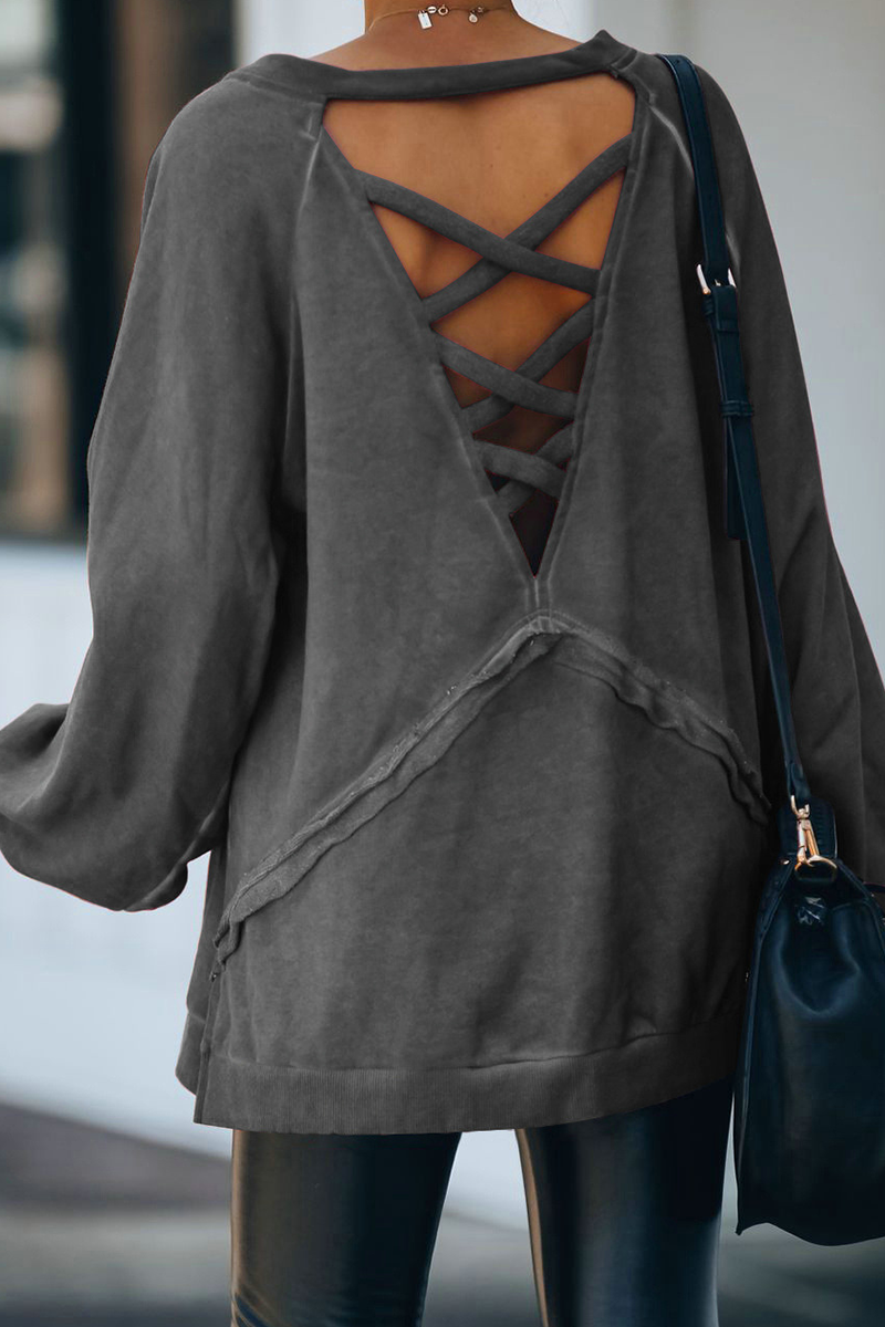 Solid Split Joint Backless O Neck Tops Secondary image