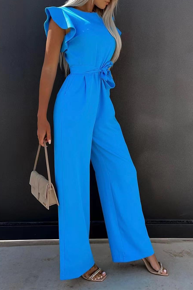 Solid Flounce O Neck Straight Jumpsuits Main image