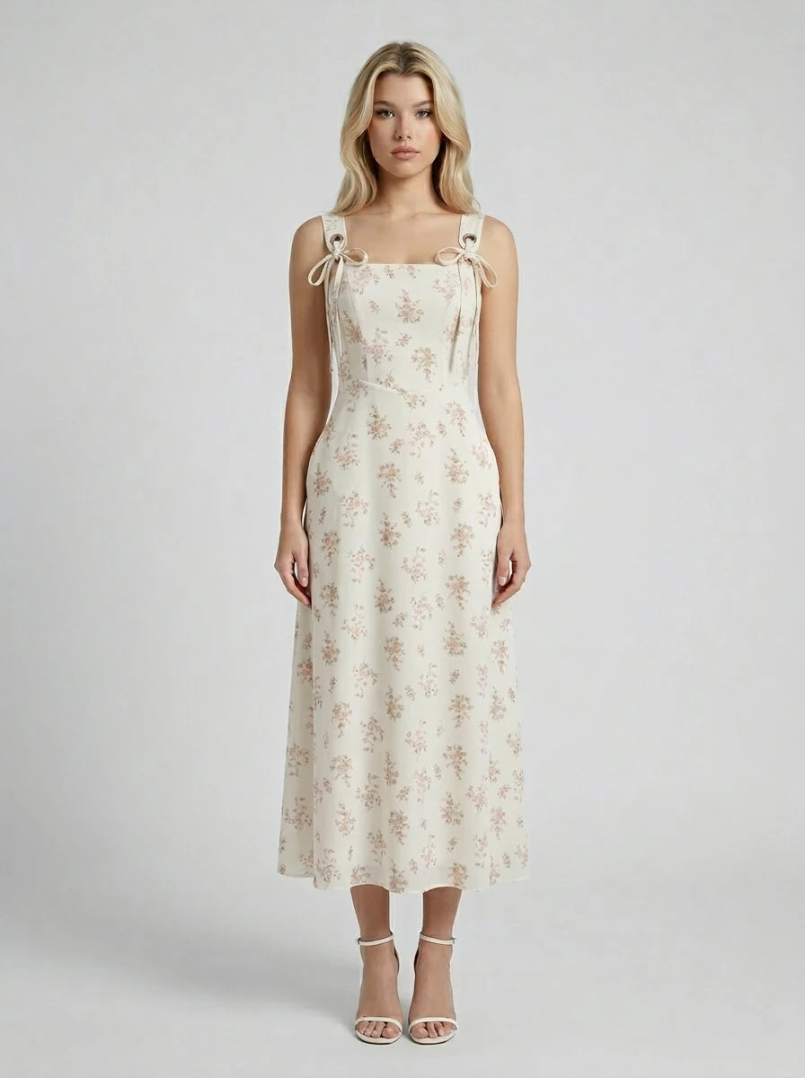 Floral Tie-Strap Corset Back Midi Dress - Cream Main image