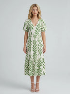 Green Palm Print Puff Sleeve Midi Dress