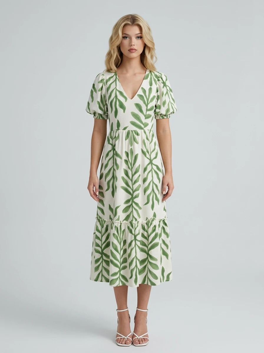 Green Palm Print Puff Sleeve Midi Dress Main image