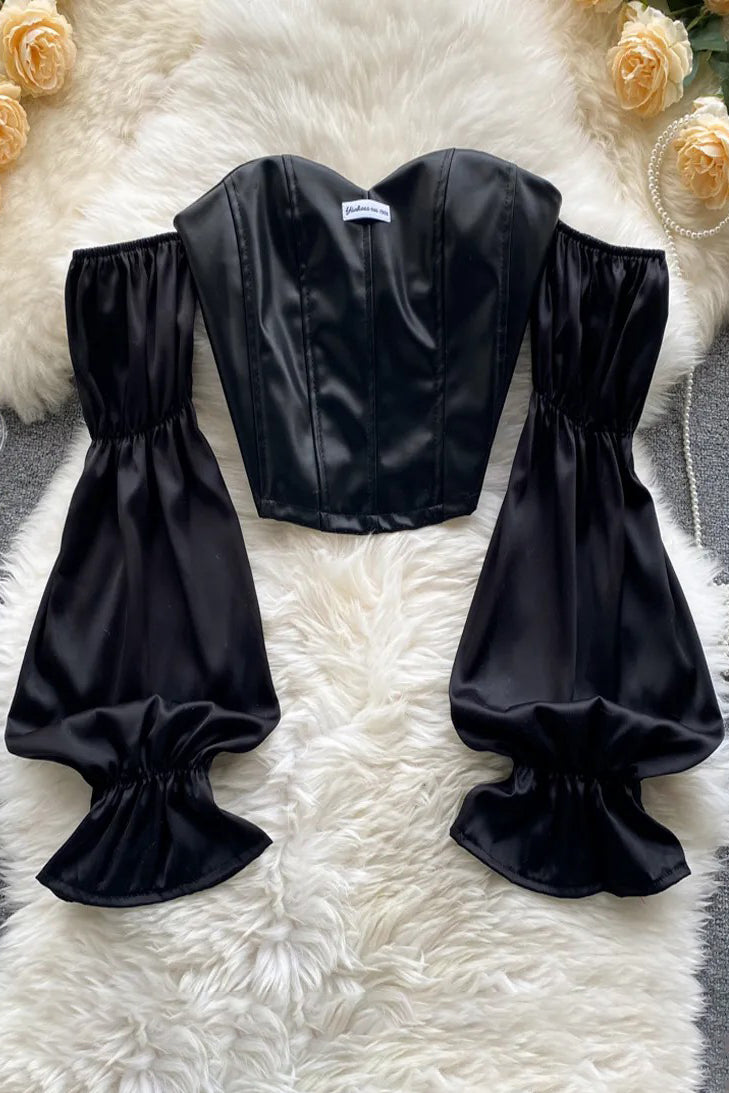 Patchwork Off Shoulder Crop Tops Slash Neck Blouses Ladies Tops Secondary image