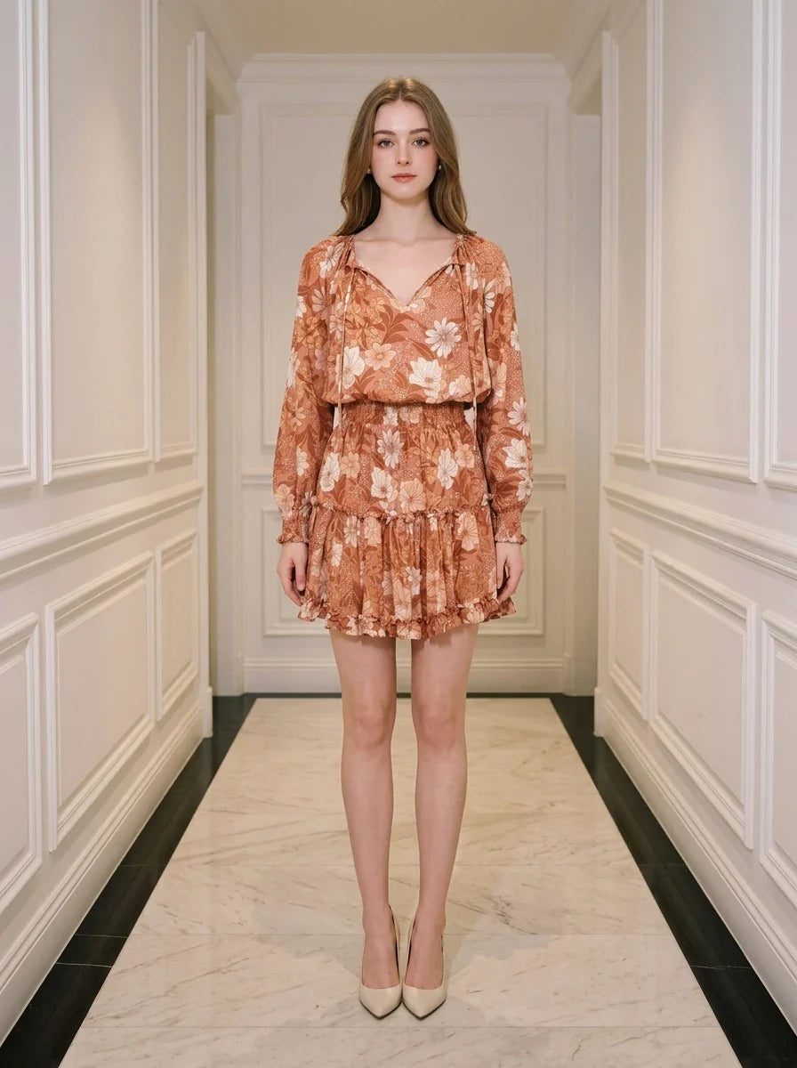 Rust Floral V-Neck Ruffle Long Sleeve Mini Dress