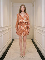 Rust Floral V-Neck Ruffle Long Sleeve Mini Dress