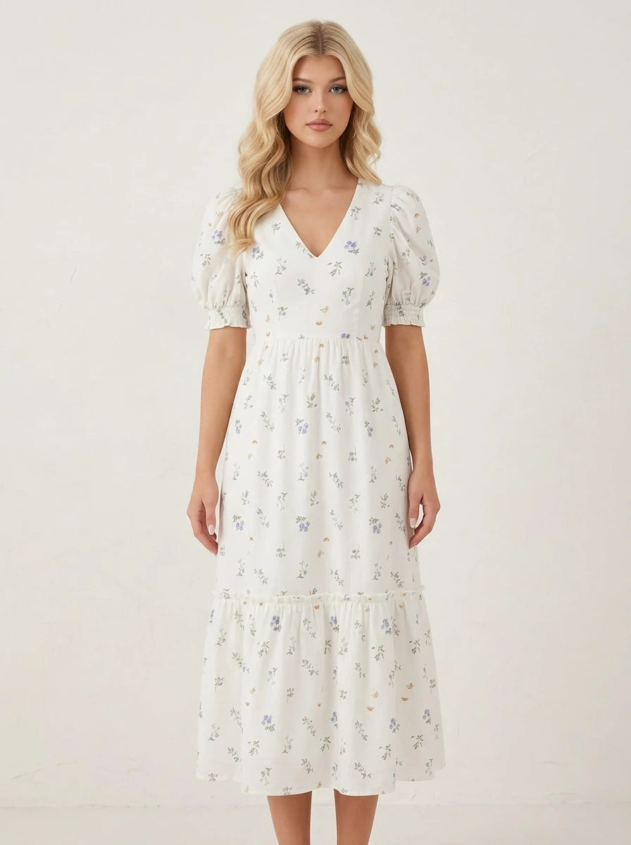 White Floral V-Neck Puff Sleeve Midi Dress Main image