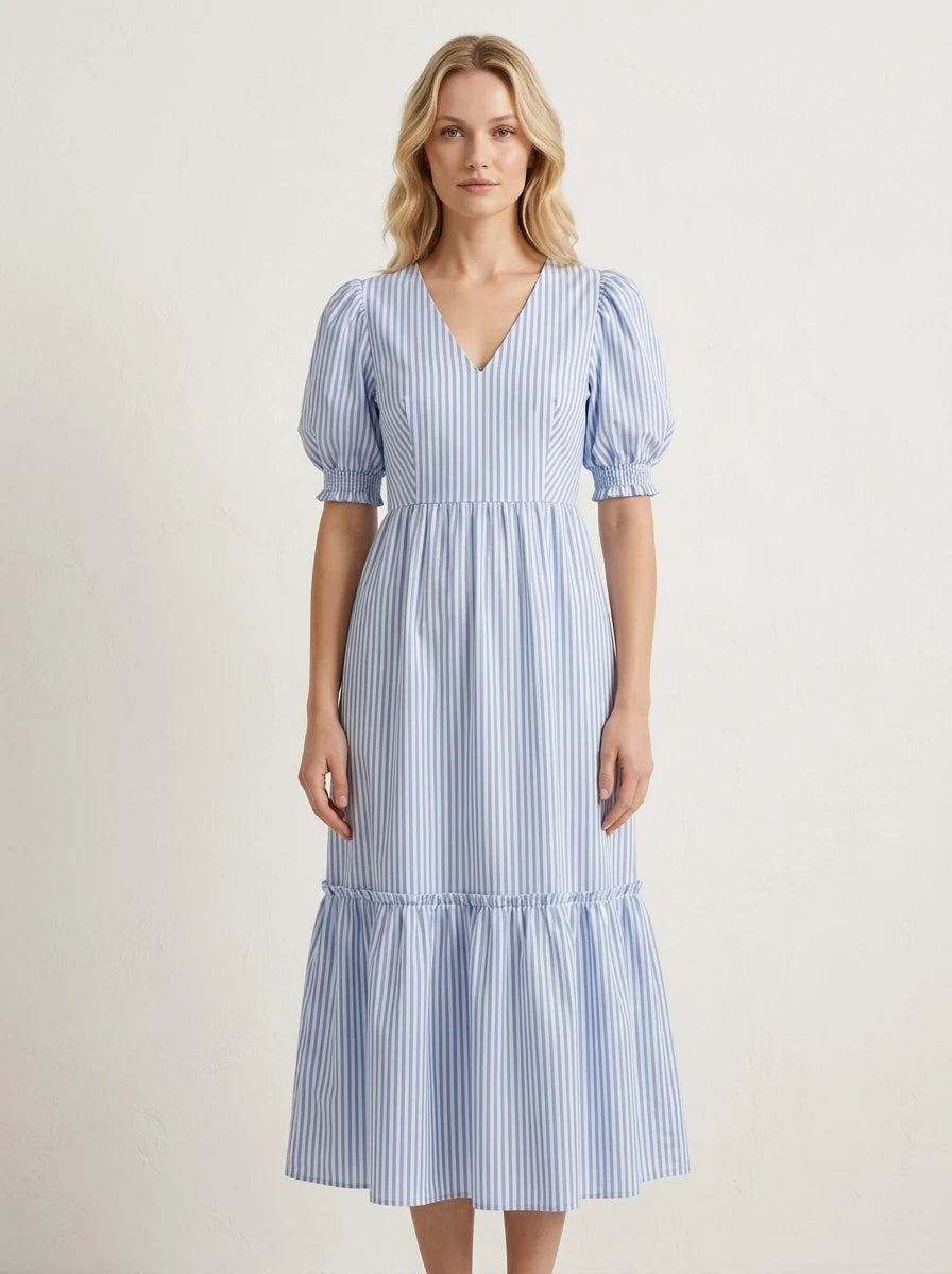 Blue Stripe V-Neck Puff Sleeve Midi Dress Main image