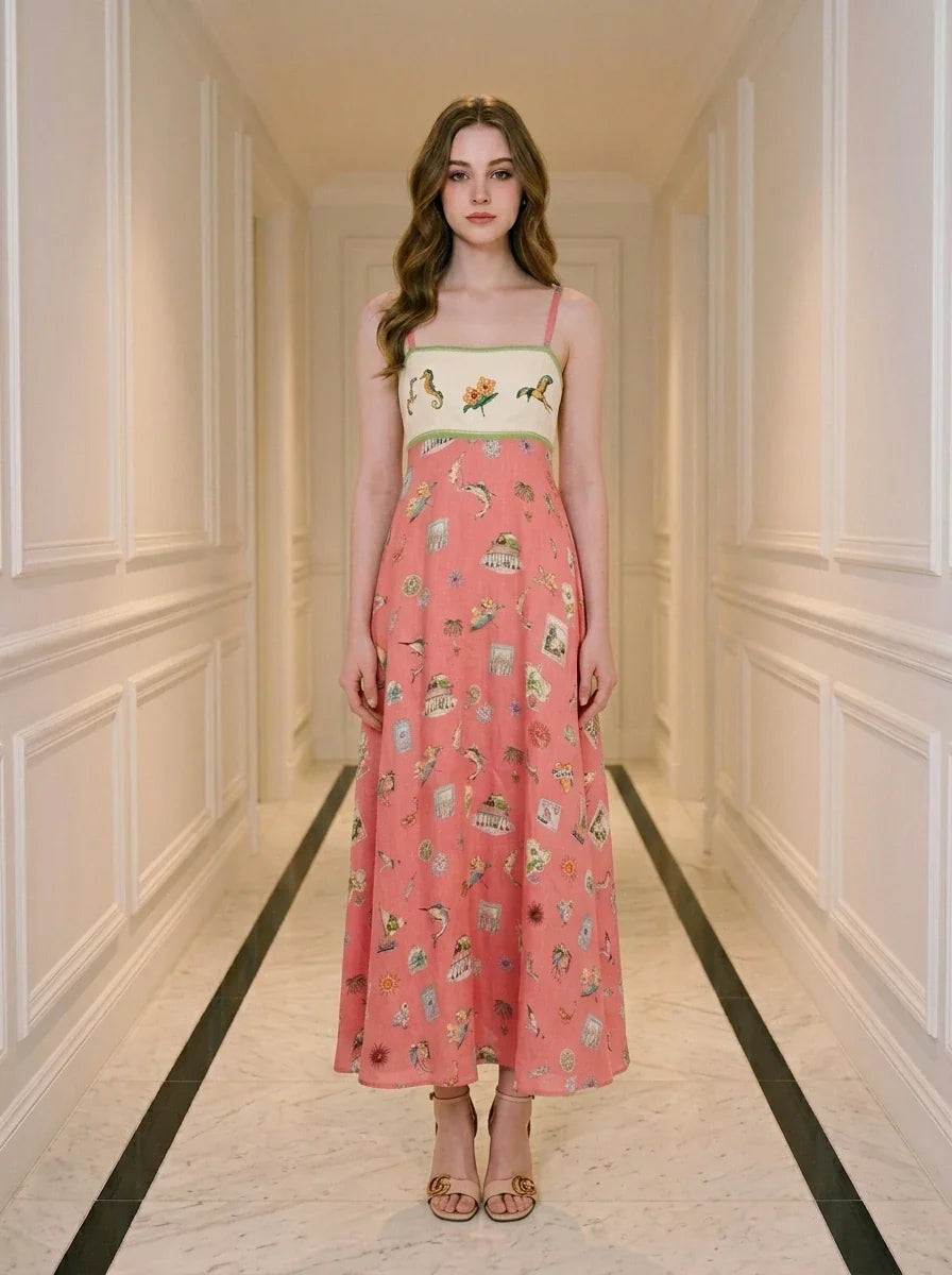 Pink Eclectic Print Spaghetti Strap Maxi Dress