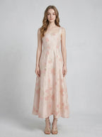 Floral Square Neck Jacquard Midi Dress - Pink