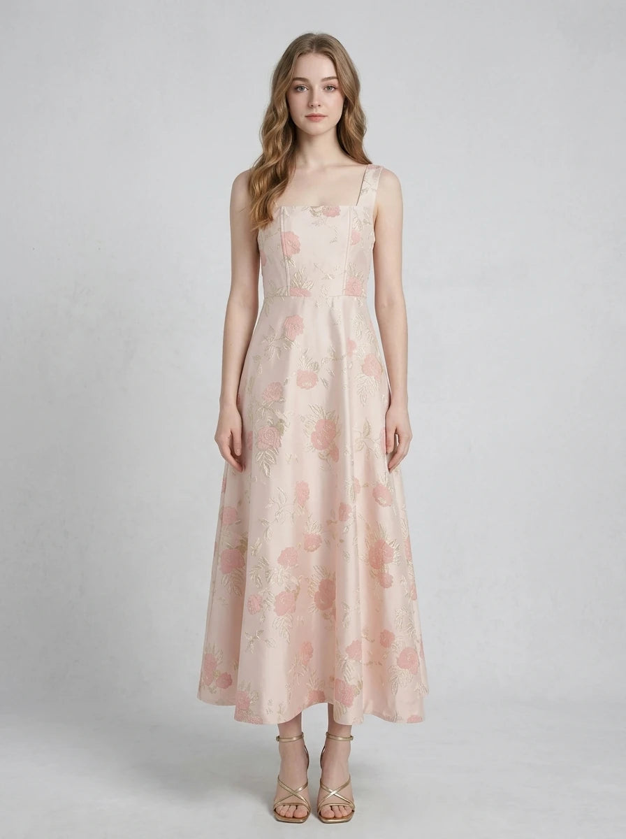 Floral Square Neck Jacquard Midi Dress - Pink Main image