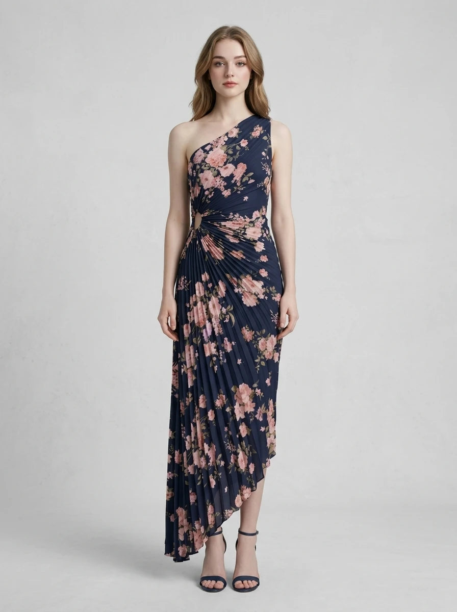 Navy Floral One Shoulder Pleated Maxi Dress Main image