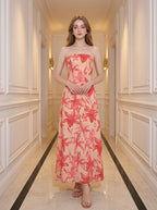 Strapless Floral Maxi Dress in Peach and Coral