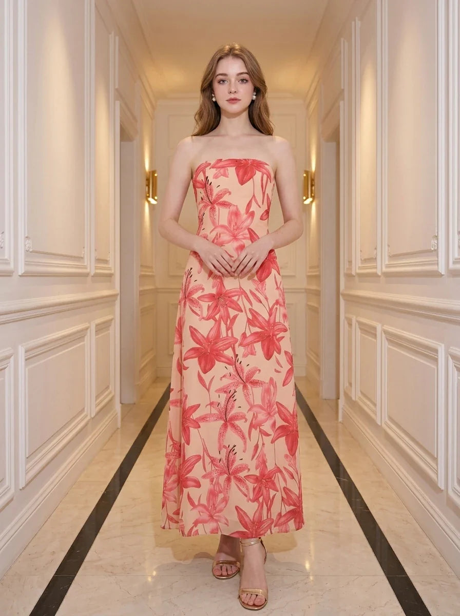 Strapless Floral Maxi Dress in Peach and Coral