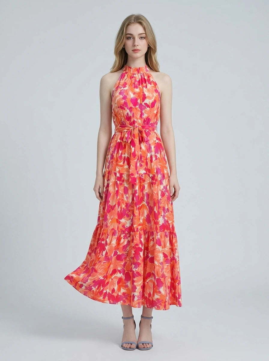 Halter Neck Tiered Floral Maxi Dress - Orange Main image