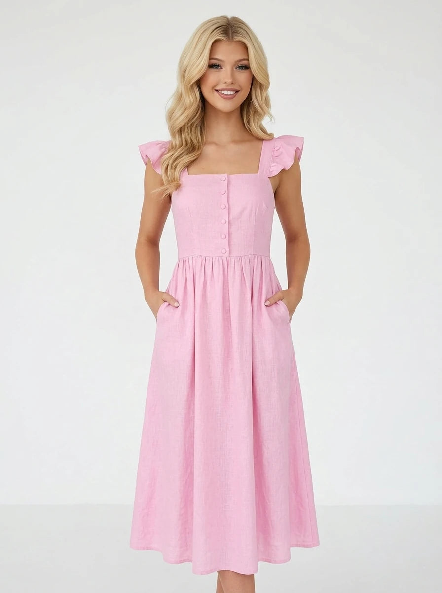 Pink Cotton Ruffle Strap Midi Dress with Pockets Main image