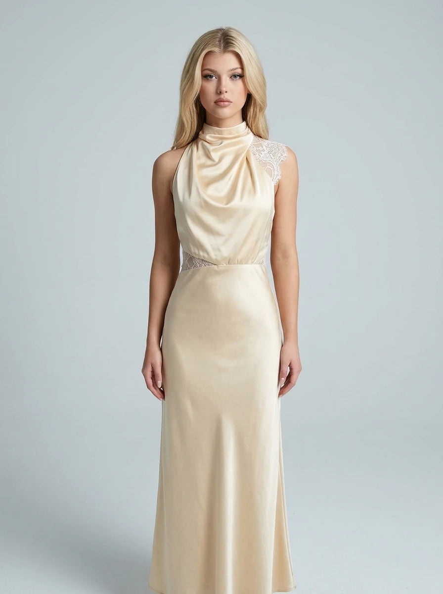 Asymmetric Lace Trim Satin Maxi Dress - Champagne