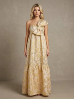 Gold Floral Metallic One Shoulder Maxi Dress