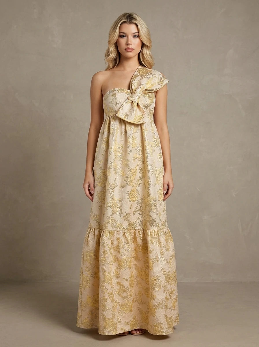 Gold Floral Metallic One Shoulder Maxi Dress Main image