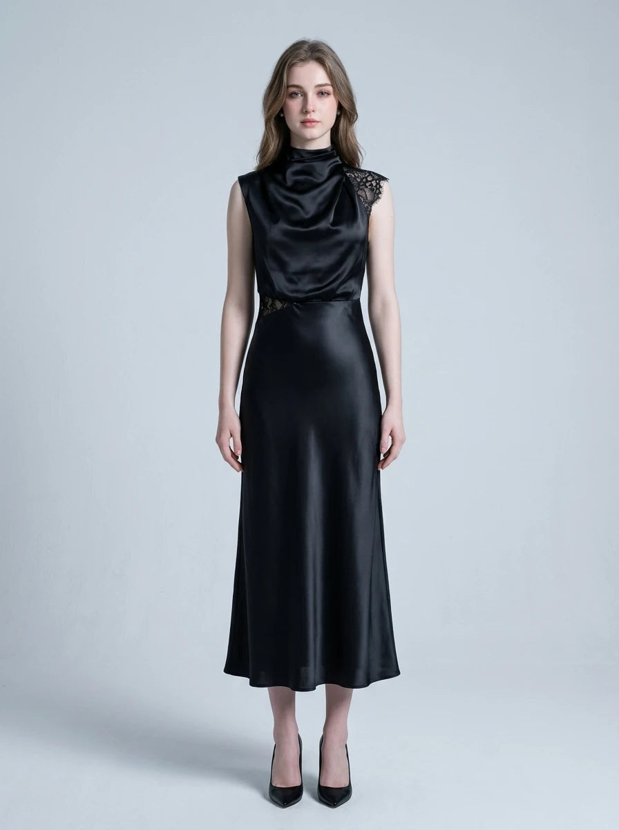 Black Lace Detail Asymmetric Maxi Dress Main image