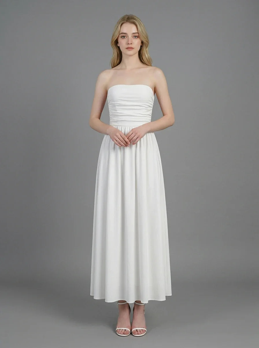 White Strapless Pleated Linen Maxi Dress Main image