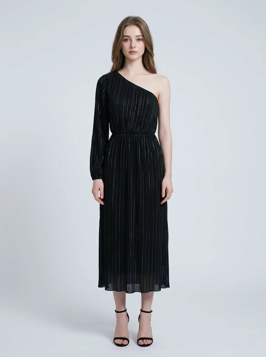 Black One Shoulder Pleated Midi Dress Main image