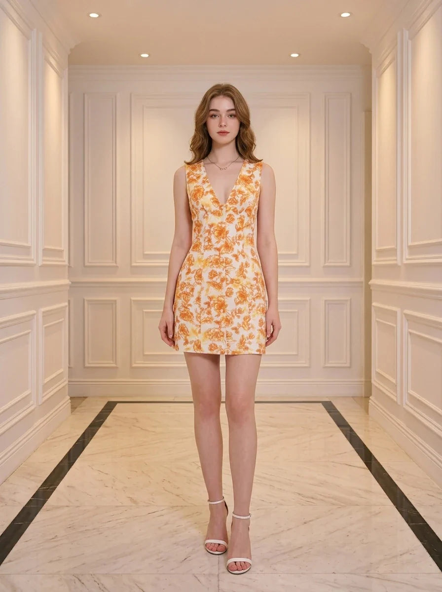 Vibrant Orange Floral V-Neck Sleeveless Mini Dress Main image